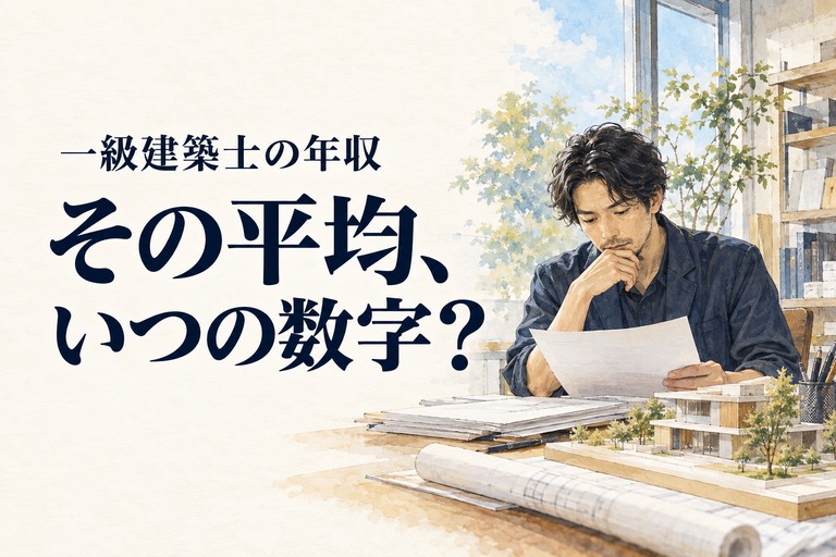 一級建築士・年収の記事画像。建物の模型と資料を見比べる建築士と「その平均、いつの数字？」の見出し