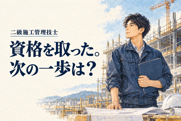 2級施工管理技士・年収の記事画像。資格の書類と工事計画を確認する若手技術者と「資格を取った。次の一歩は？」の見出し