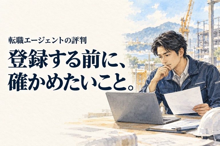 ビルドジョブ・評判の記事画像。パソコンとサービス資料を確認する施工管理技術者と「登録する前に、確かめたいこと。」の見出し