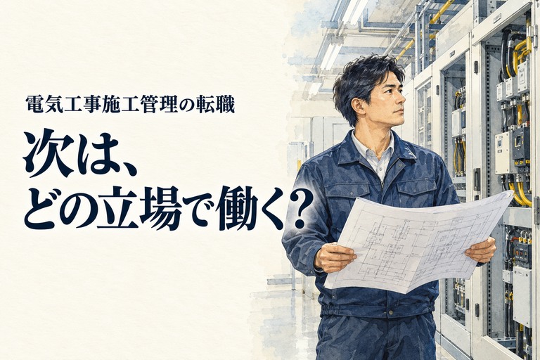 電気・施工管理・転職の記事画像。電気設備室で配線図を確認する施工管理技術者と「次は、どの立場で働く?」の見出し