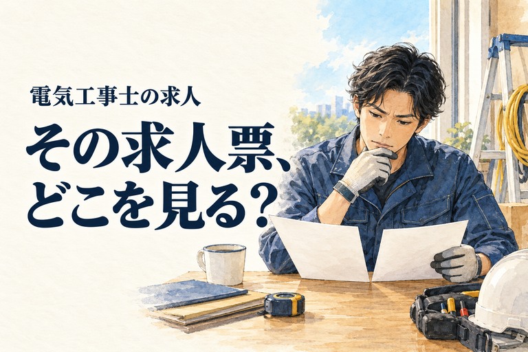 電気工事士・求人の記事画像。工具のそばで応募先の書類を比較する電気工事士と「その求人票、どこを見る？」の見出し