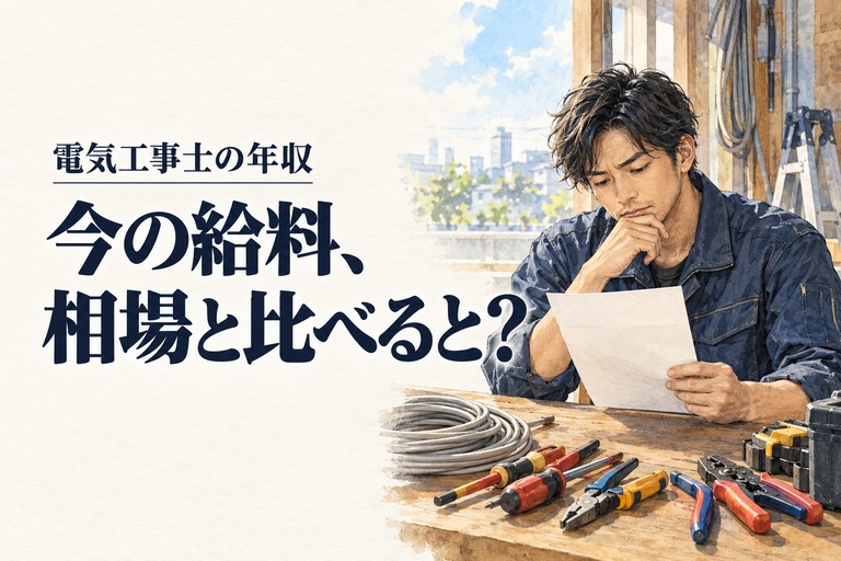 電気工事士・年収の記事画像。作業台で給与の書類を確認する電気工事士と「今の給料、相場と比べると？」の見出し