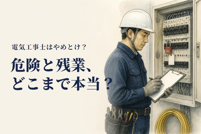 電気工事士・やめとけの記事画像。分電盤の前で点検表に記入する電気工事士と「危険と残業、どこまで本当？」の見出し