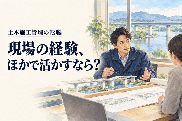 土木・施工管理・転職の記事画像。橋の模型を前に転職先の仕事を考える土木技術者と「現場の経験、ほかで活かすなら?」の見出し