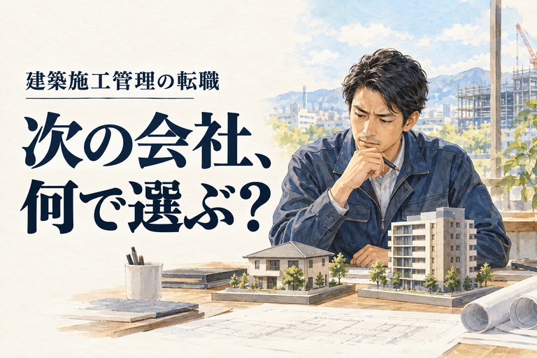 建築・施工管理・転職の記事画像。住宅とビルの模型を見比べる建築施工管理技術者と「次の会社、何で選ぶ?」の見出し