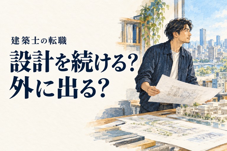建築士・転職の記事画像。建物の模型と図面を前に働き方を考える建築士と「設計を続ける？外に出る？」の見出し