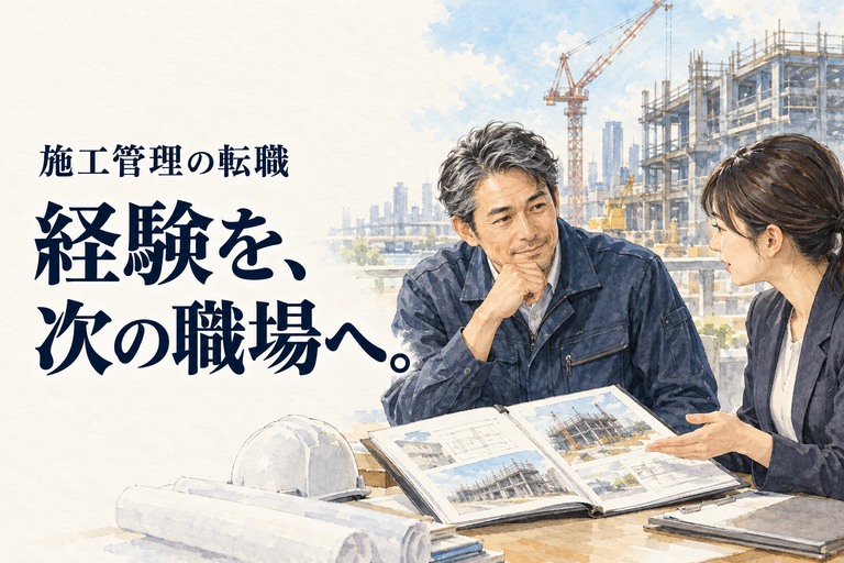40代・施工管理・転職の記事画像。工事経歴を相談員に説明するベテラン技術者と「経験を、次の職場へ。」の見出し
