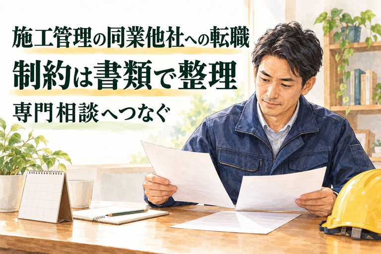 施工管理・転職・同業他社の記事画像。契約書類を読み比べる施工管理技術者と「施工管理の同業他社への転職 制約は書類で整理」の見出し