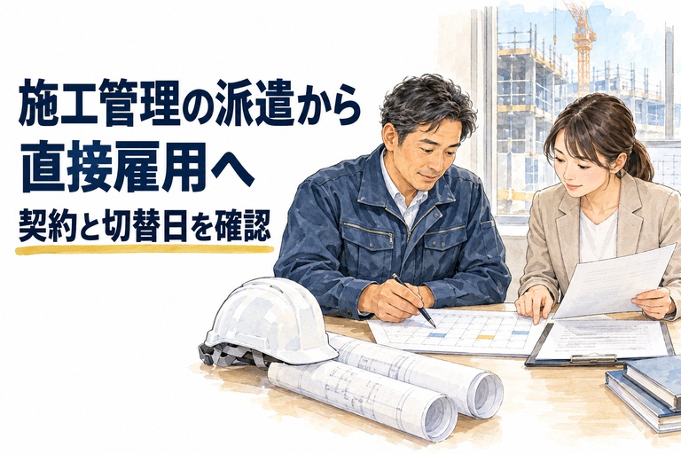 施工管理・派遣・直接雇用の記事画像。カレンダーと書類で切替日を確かめる施工管理技術者と担当者のイラスト