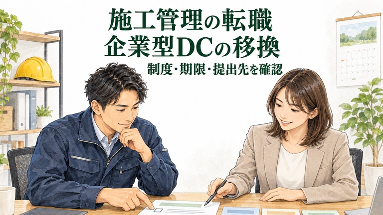 施工管理経験者が転職時の企業型DC移換について担当者と制度・期限・提出先の確認票を見直すイラスト
