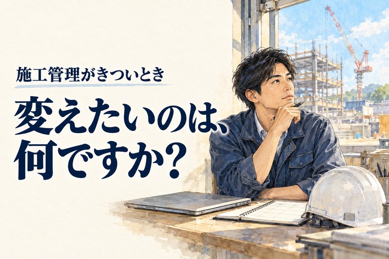 施工管理・きついの記事画像。工程表とヘルメットを前に働き方を考える施工管理技術者と「変えたいのは、何ですか？」の見出し