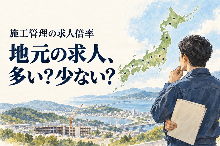 施工管理・求人倍率の記事画像。日本地図と求人の資料を見比べる施工管理技術者と「地元の求人、多い?少ない?」の見出し