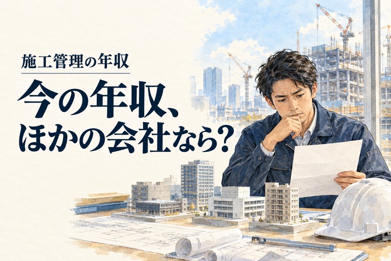 施工管理・年収の記事画像。給与の資料と規模の違う建物の模型を見る施工管理技術者と「今の年収、ほかの会社なら？」の見出し
