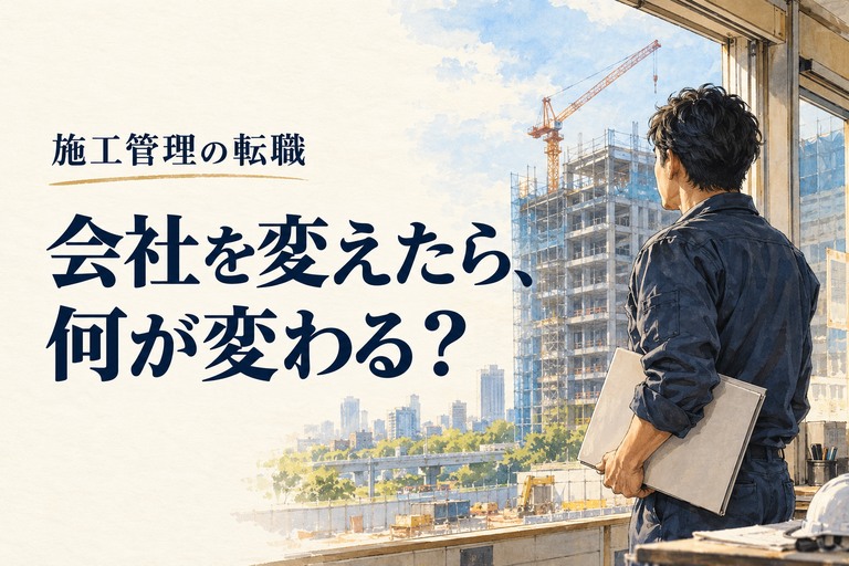 施工管理・転職の記事画像。工事現場を見ながら次の勤務条件を考える施工管理技術者と「会社を変えたら、何が変わる？」の見出し