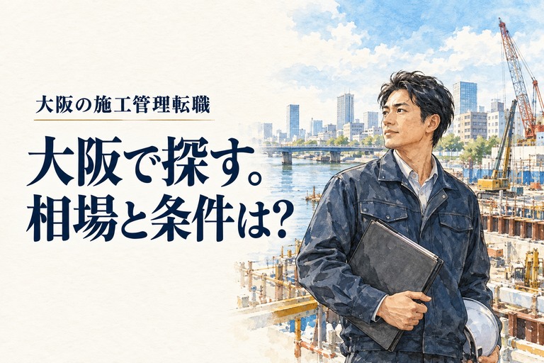 大阪・施工管理・転職の記事画像。川沿いの街で求人の資料を持つ施工管理技術者と「大阪で探す。相場と条件は?」の見出し