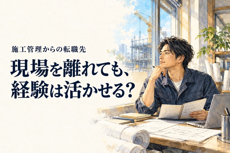 施工管理・転職先の記事画像。現場の見える事務所で次の仕事を考える施工管理技術者と「現場を離れても、経験は活かせる？」の見出し