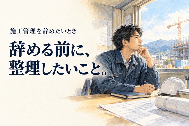 施工管理・辞めたいの記事画像。静かな現場事務所でノートを前に考える施工管理技術者と「辞める前に、整理したいこと。」の見出し