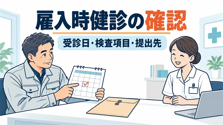施工管理の転職内定者が雇入時健康診断の受診日・検査項目・提出先を医療機関の窓口と確認するイラスト
