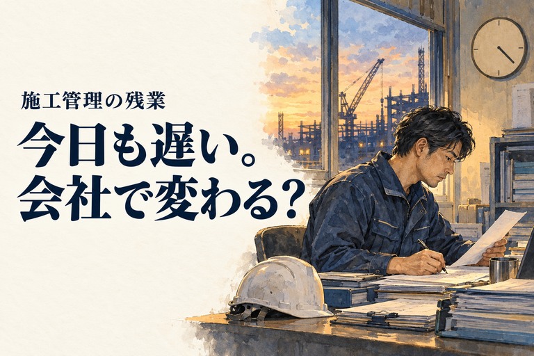 施工管理・残業の記事画像。夕方の現場事務所で書類を片付ける施工管理技術者と「今日も遅い。会社で変わる？」の見出し