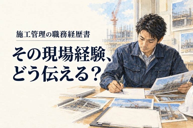 施工管理・職務経歴書の記事画像。工事写真と経歴の書類を机に並べる施工管理技術者と「その現場経験、どう伝える？」の見出し