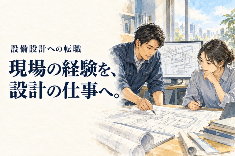 設備設計・転職の記事画像。空調の図面を囲む設備技術者と設計者と「現場の経験を、設計の仕事へ。」の見出し