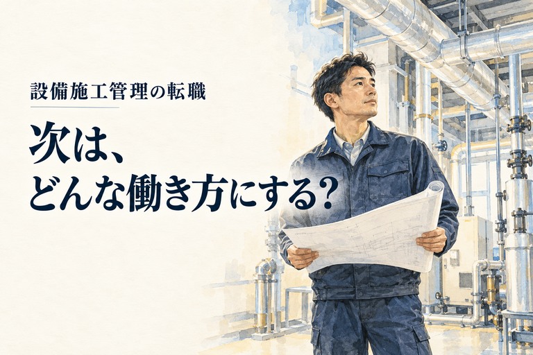 設備・施工管理・転職の記事画像。配管と空調機のある機械室で図面を持つ設備施工管理技術者と「次は、どんな働き方にする?」の見出し